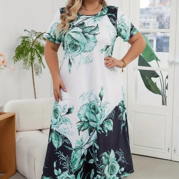 Women's Plus Size Elegant Floral Print Color Block Long Maxi Dress 16W & 20W - Picture 2 of 11
